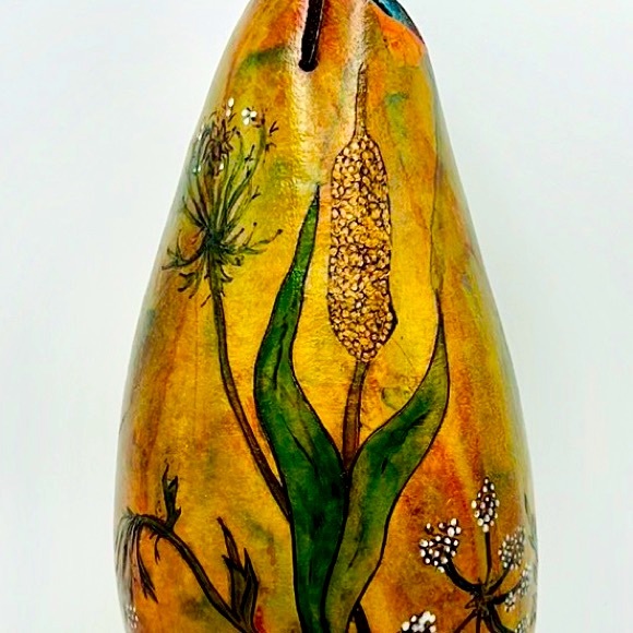 “ Hanging Cattails & Lace ” Original Gourd Art Vase / Vessel by Kristina Simkins - Picture 6 of 10